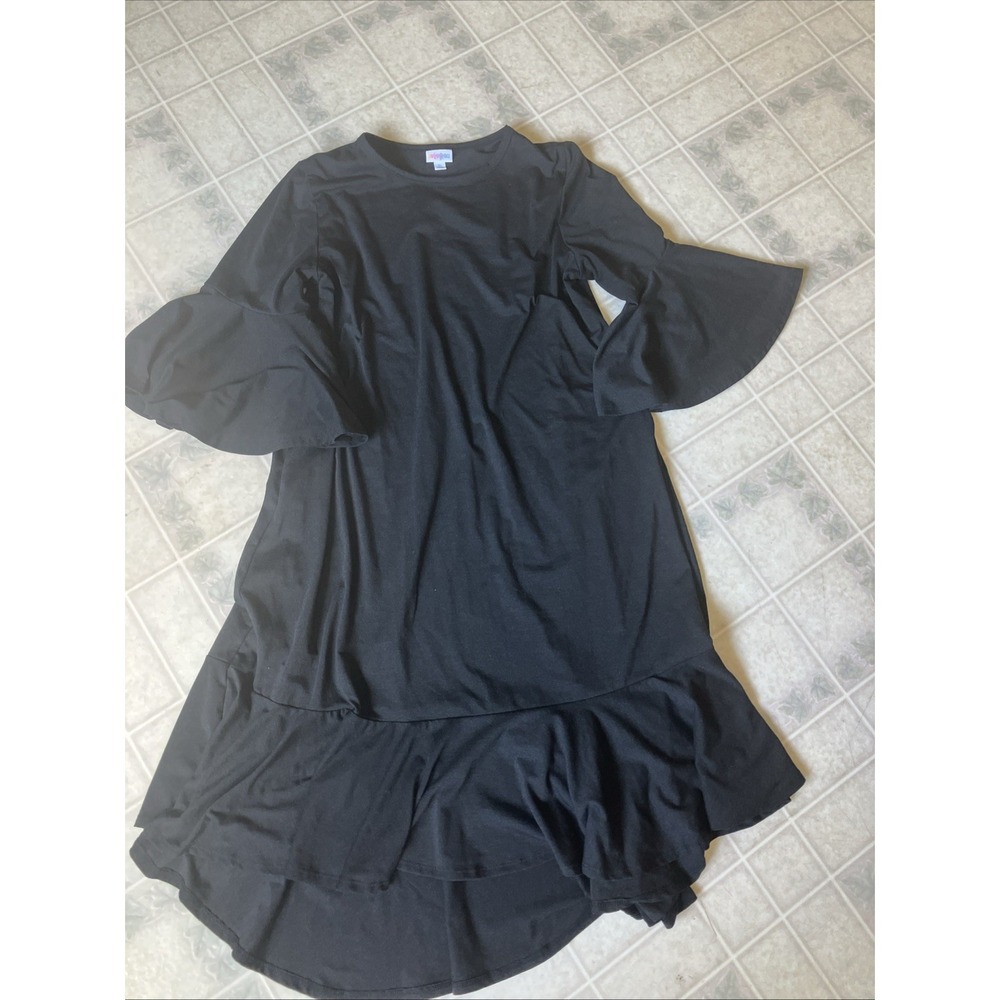 Lularoe Maurine Black Flowy Dress Ruffle Hi Lo Hem Loose Lagenlook Euro Summer
